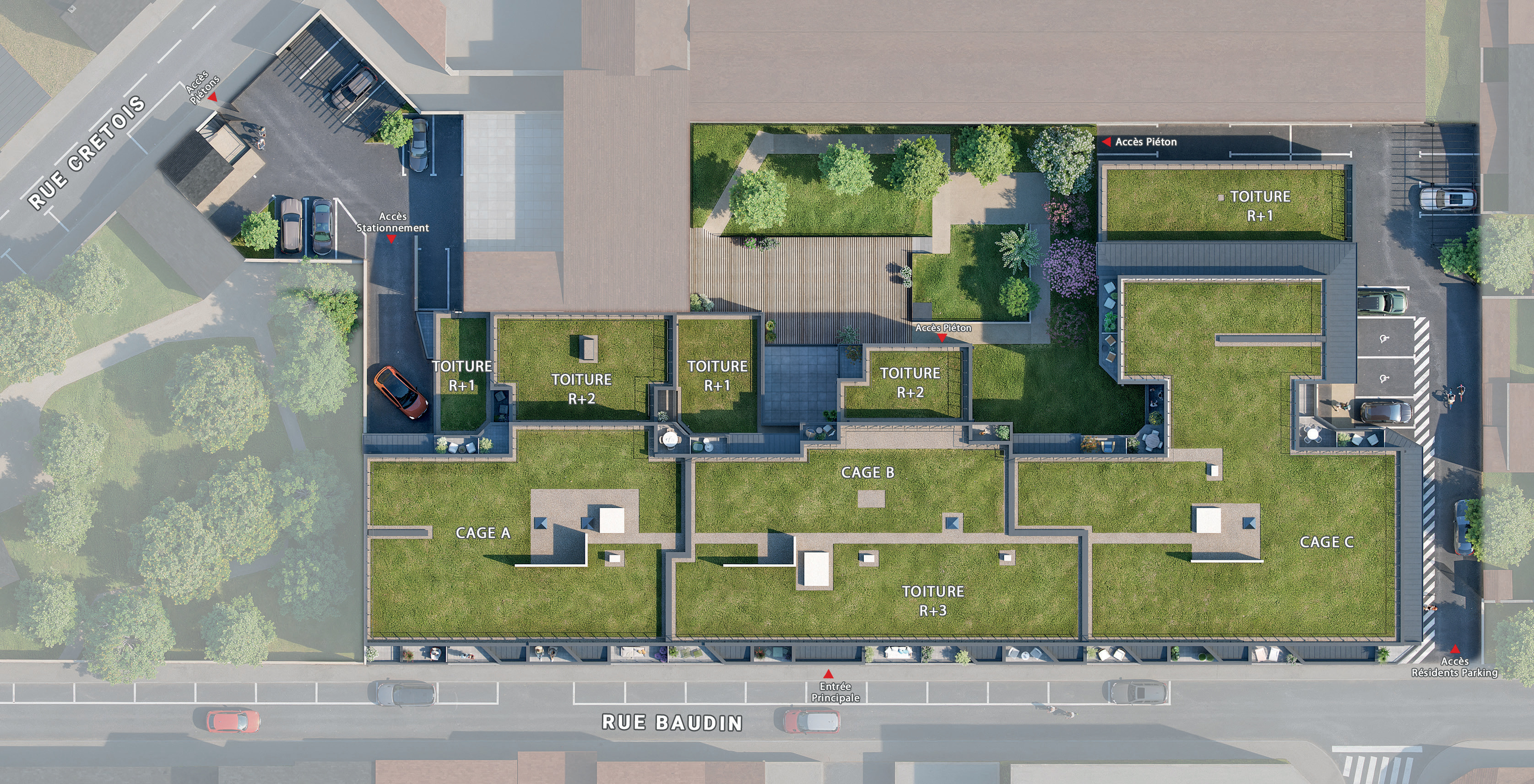 Plan de masse 3D et insertion architecturale des 3 corps de bâtiment - Programme LINÉA Le Mans